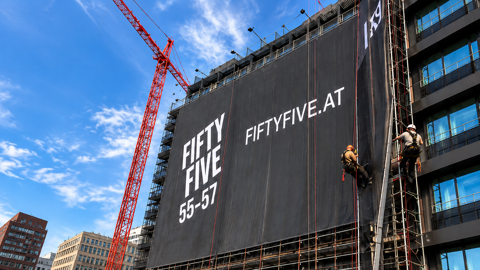 Industriekletterer bei der Montage einer großformatigen Fiftyfive Fassadenwerbung